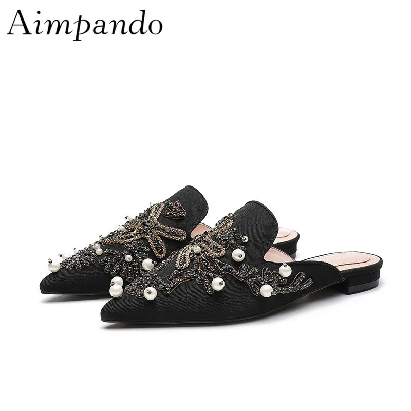 

Cover Toe Mules New Arrival Flat Lazyman Fashion Outwear Crystal String Bead Slippers Women Zapatos Mujer