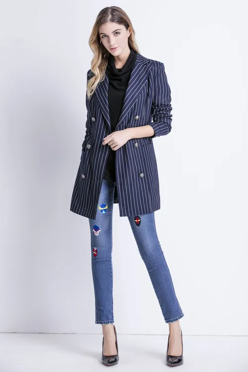 Женский блейзер 2019 высокого качества с длинным рукавом двубортный полосатый Повседневный пиджак верхняя одежда женская BLZ034