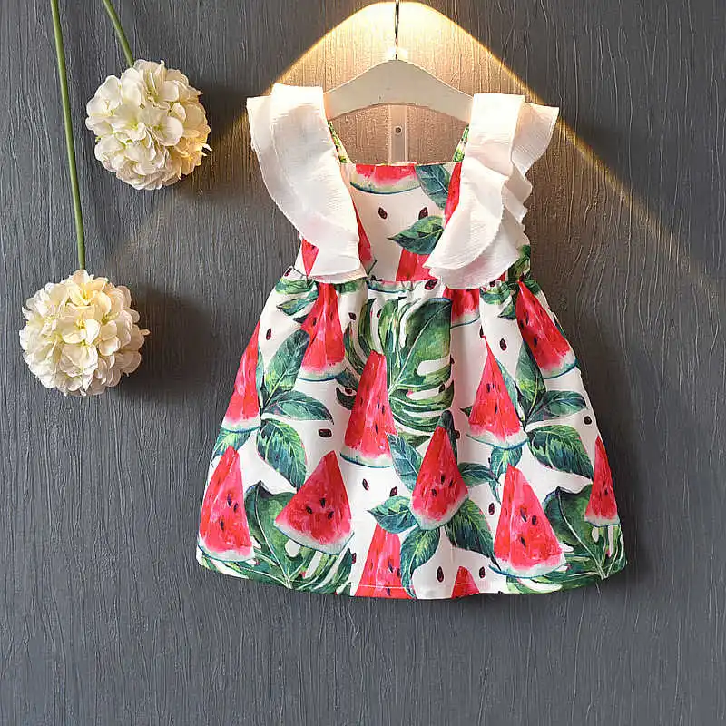 Платье для девочек; летняя детская одежда; хлопковое платье принцессы с принтом арбуза; платья-майки с цветочным принтом; красивая одежда для отдыха - Цвет: Red