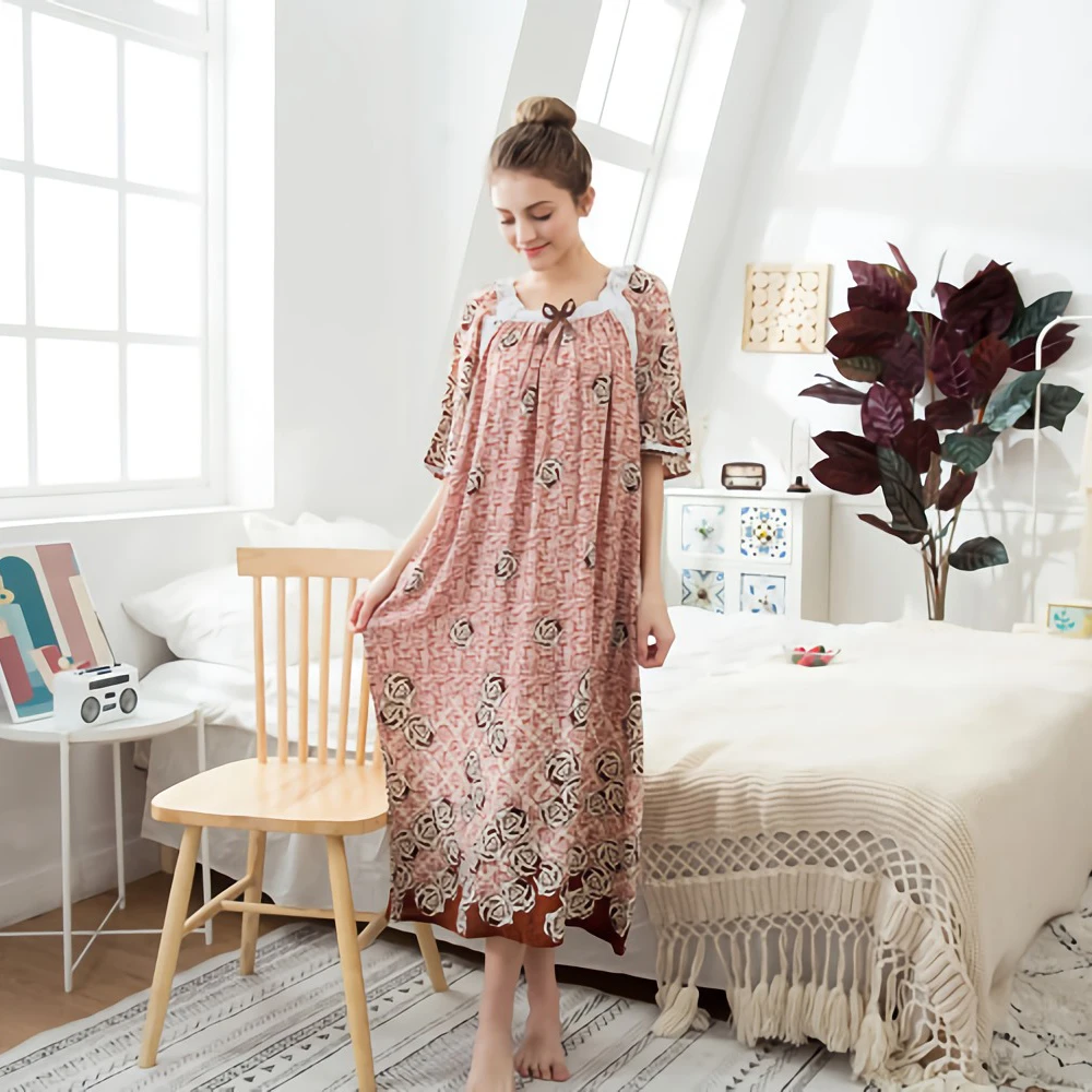 

Summer New Women Short Sleeve Nightgown Sexy Print Flower Long Night Dress Sleepwear Loose Lace Cotton Lingerie Nighty Gown XL