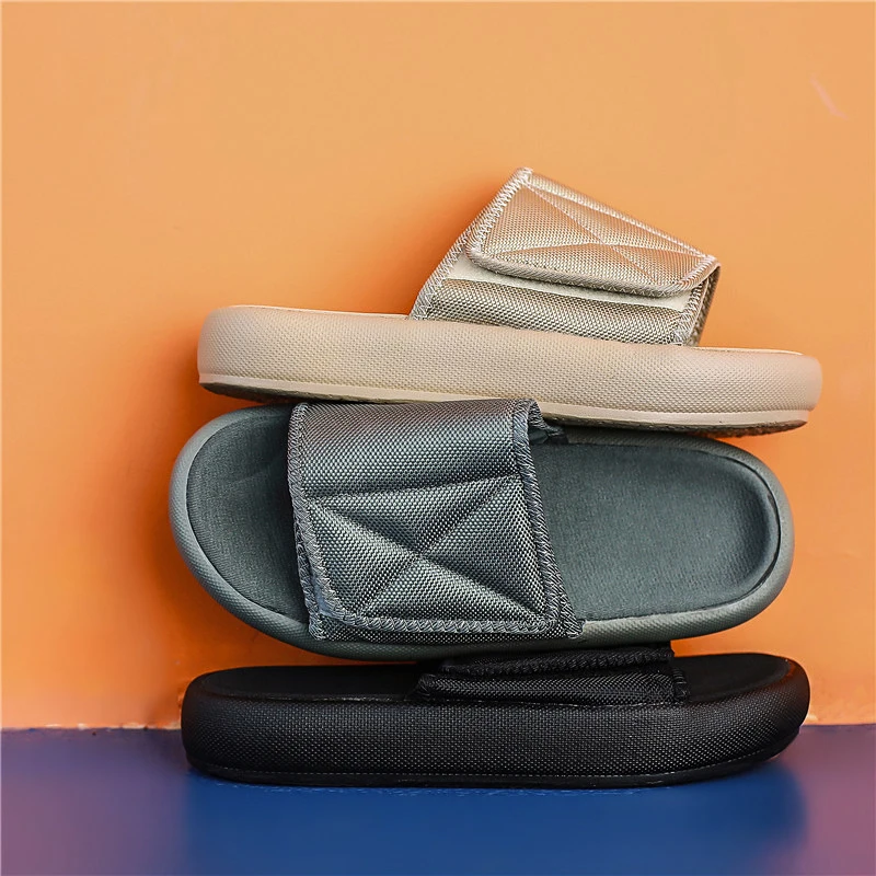 

Allwesome Hook&Loop Men Slippers Grey Beige Slides Men Flip Flops Slip on Thick Bottom Chinelo Flats Sandals Chaussure Homme