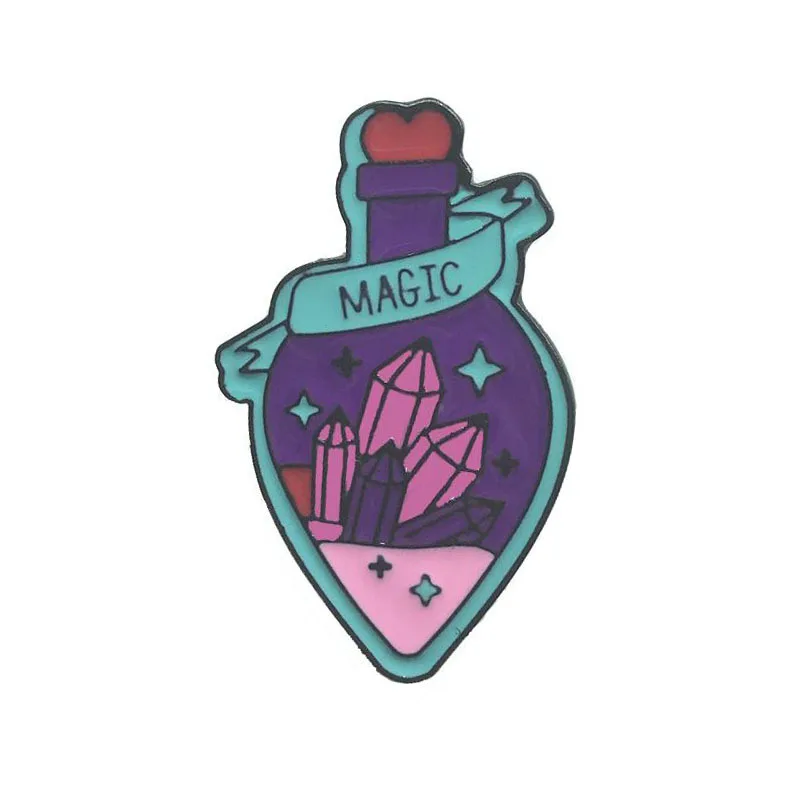 

Cartoon Badges Letter MAGIC Brooches for Women Funny Purple Magic Potion Bottle Enamel Pin Shining Crystal Gem Jewelry Trinkets