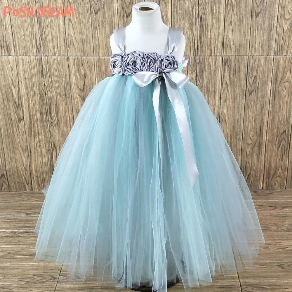 

POSH DREAM Mint Green with Grey Flower Girls Wedding Dresses for Party Children Kids Flower Ball Gown Baby Girls Flower Clothes