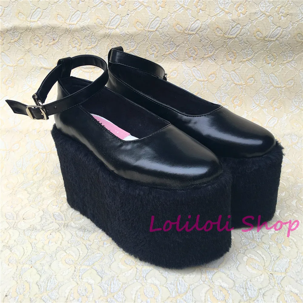 

Princess sweet lolita shoes Lolilloliyoyo antaina custom flat platform shoes with black bright skin Bottom with black fur an5236