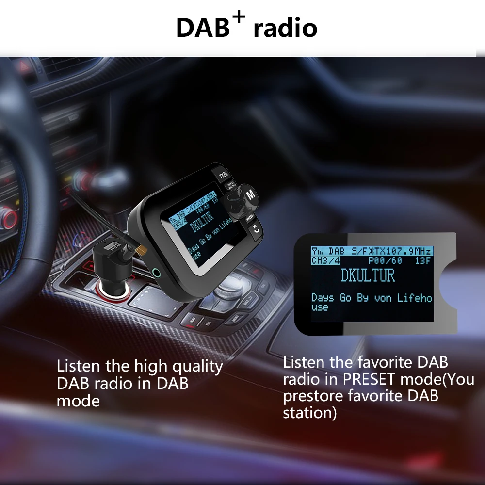 В автомобиле DAB/DAB+ цифровое радио с fm-передатчиком 87,6-107,9 МГц 2,3 дюймовый ЖК-экран III 174-240 МГц