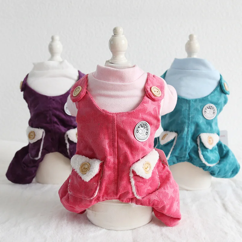 

2019 Autumn And Winter New Arrivals Dog Coats Retro Doll Strap Pink Purple Green Colors Xs-xl Size Four Feet Clothes For Dogs