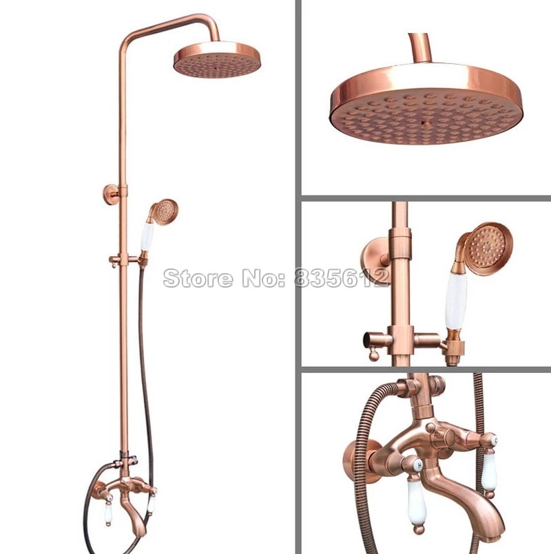 

Wall Mounted Dual Ceramic Handles Bathtub Mixer Tap / Bathroom Antique Red Copper 7.7" Shower Head Rain Shower Faucet Set Wrg565