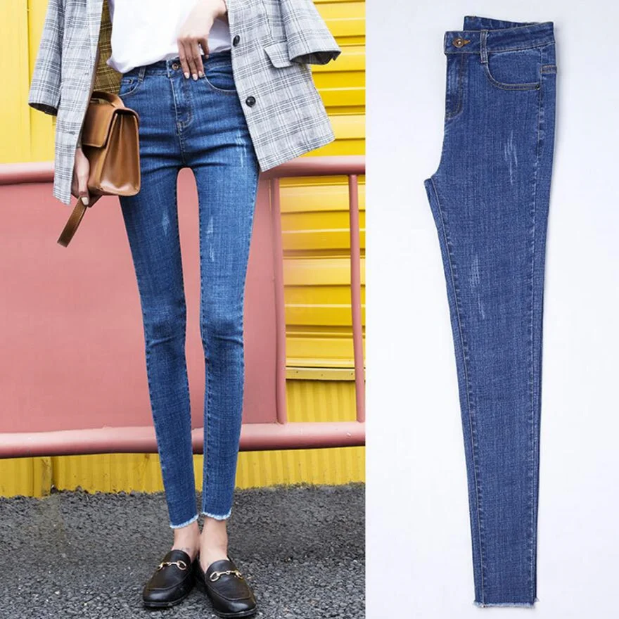 Эластичные джинсы, женская одежда, Простой Тонкий Ретро стиль, студенческие узкие брюки, высокая талия, длина по щиколотку, осенние брюки