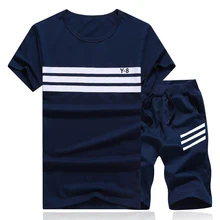 Летний Для мужчин набор спортивных костюм короткий рукав Футболка+ Шорты для женщин из двух частей Фитнес весенний комплект тренировочный костюм Мода Повседневное спортивный костюм Для мужчин