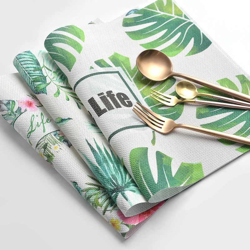 Lekoch 4/6pieces Set Kitchen Table Mats Cotton Linen Table Green Planting Pattern Decorative Placemats