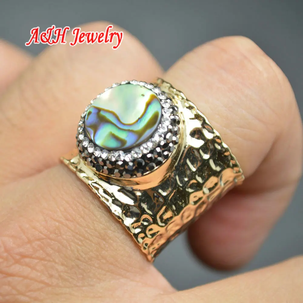 

New Design Natural Abalone Shell With Rhinestone Paved Surround Gold Color Adjustable Wide Ring For Women Jewelry