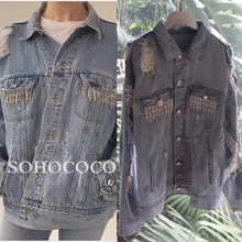 Уличный стиль Горячая Распродажа Женская одежда осенняя хлопковая куртка с дырками модное джинсовое пальто со стразами и кисточками