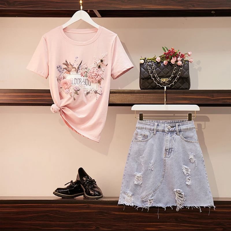 

High Quality Luxury Women's Sets 2019 Summer Fashion Floral Short Sleeves T-Shirt + Hole Denim Skirt Two Pieces Set Female Suits