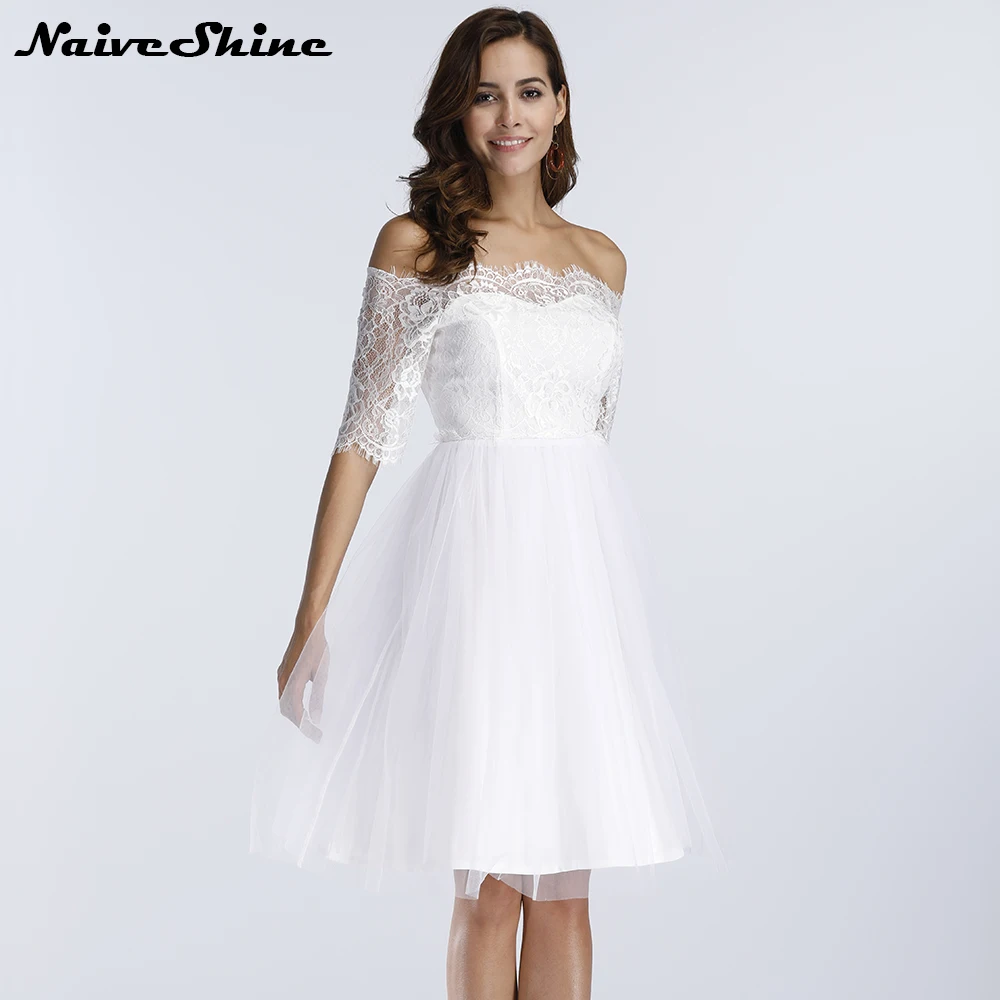 

Naive Shine Women's Summer Elegant Boho Bohemian Beach Dress Off Shoulder Lace Patchwork Chiffon Sleeveless White Party Dresses
