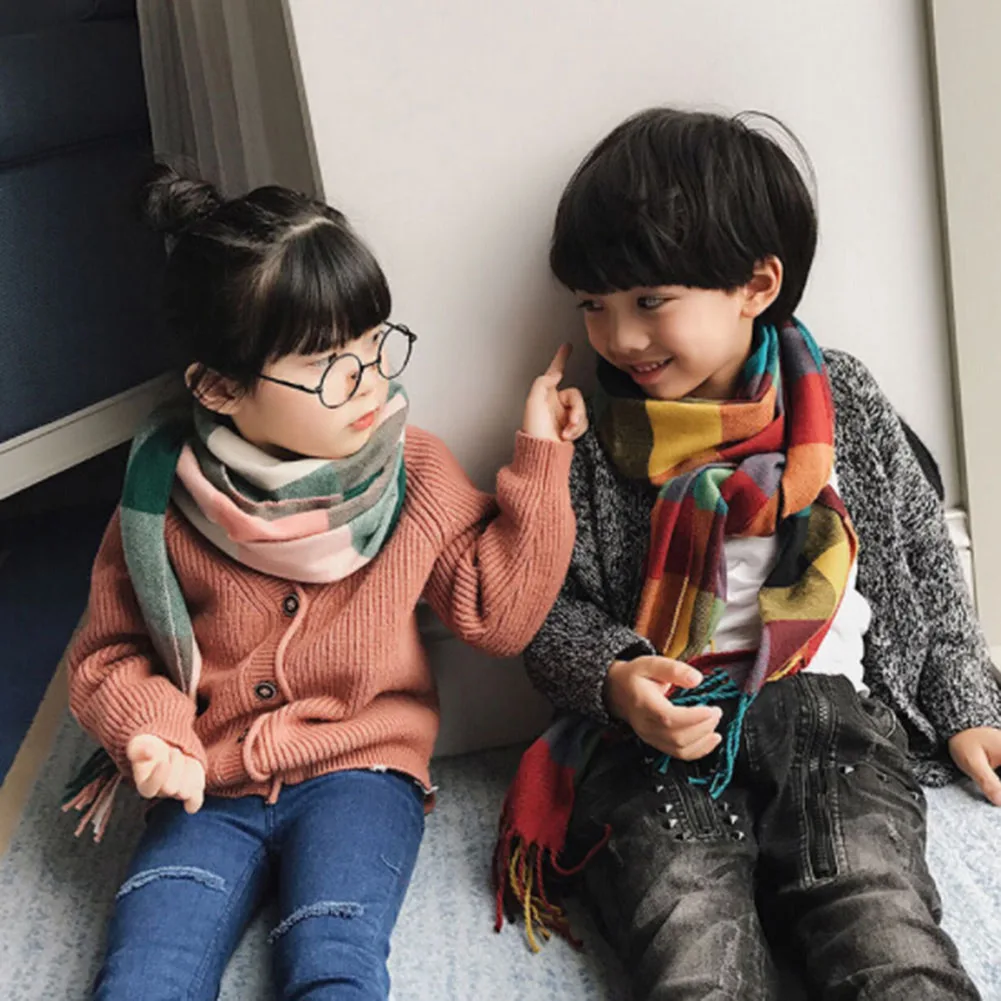 Детский теплый плотный шарф в клетку унисекс для мальчиков и девочек; сезон осень-зима; кашемировые шарфы с кисточками