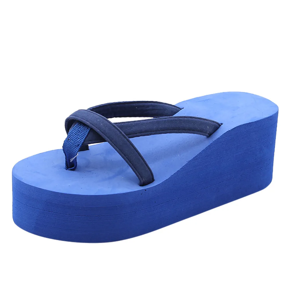 CHAMSGEND/Женские однотонные пляжные шлепанцы на высокой танкетке; сандалии с толстой подошвой; Повседневная пляжная обувь для отдыха - Цвет: Синий