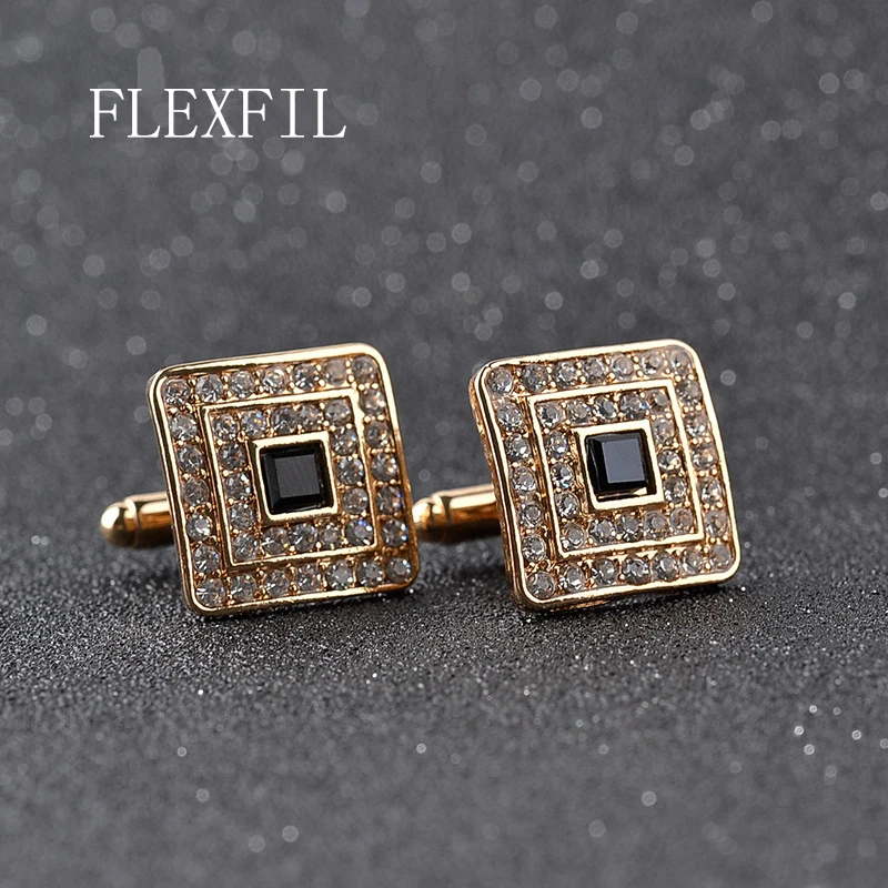 

FLEXFIL Luxury shirt HOT cufflink for mens Brand cuff button Crystal cuff link Gold High Quality gemelos abotoaduras Jewelry
