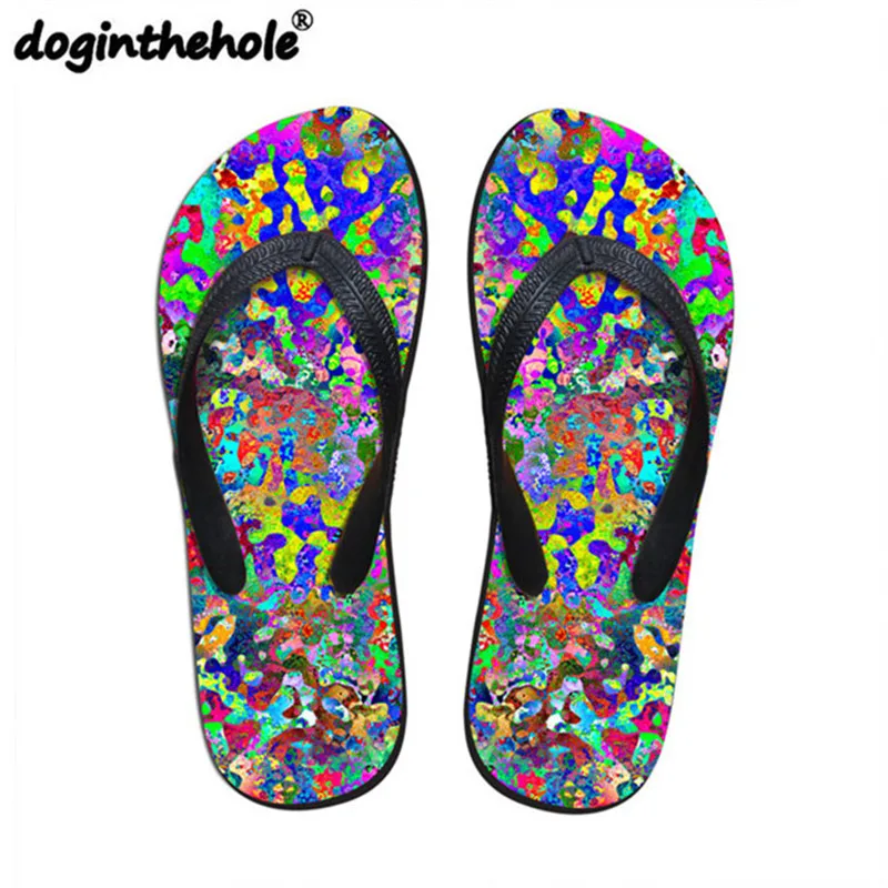 

doginthehole Mens Sport Sandals Flip Flops Graffiti Mixed Color Printing Outdoor Sandals Beach Shoes Women's Flats Zapatos Mujer
