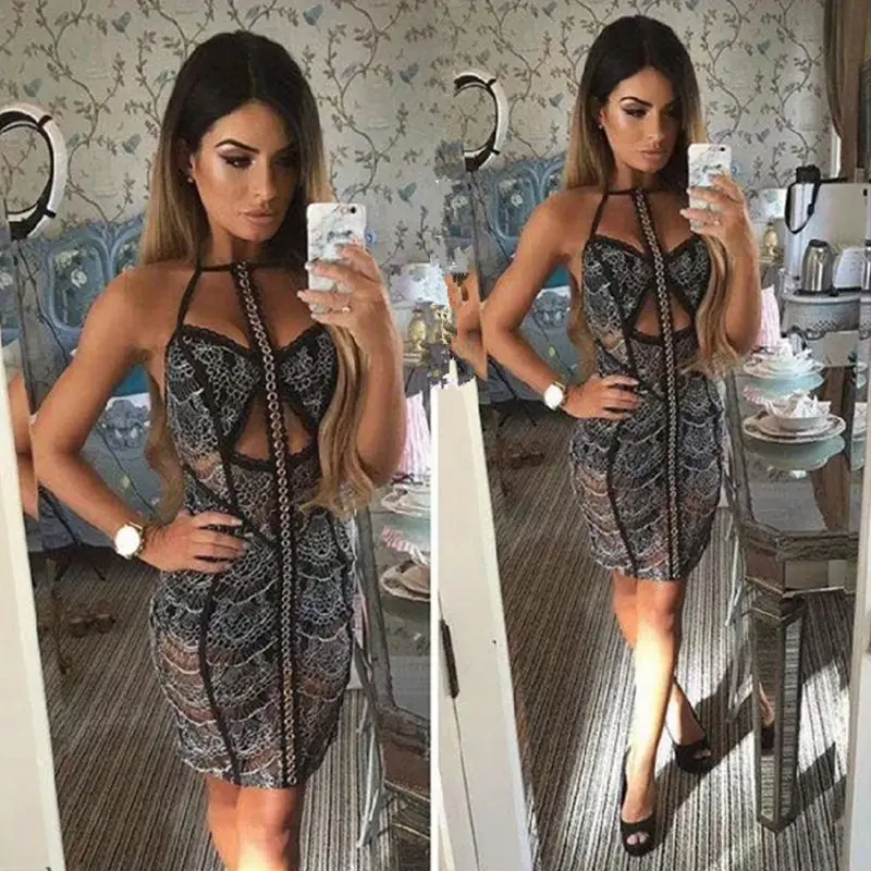 

2019 Mini Sexy Celebrity Backless Elegant Halter Women Hollow Out Sleeveless Night Club Bandage Body con Party Dresses Wholesale