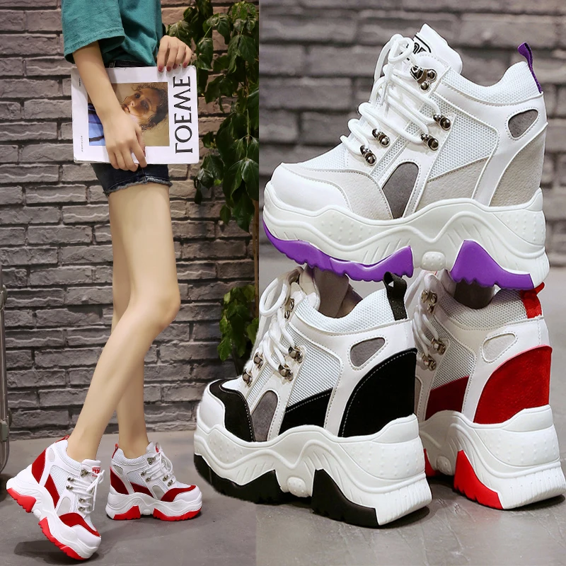

Increase Women Sneakers 9cm Ultra High Heels Chunky Sneakers Casual Elevator Shoes Flats Mesh Platform Wedges Ladies Trainers