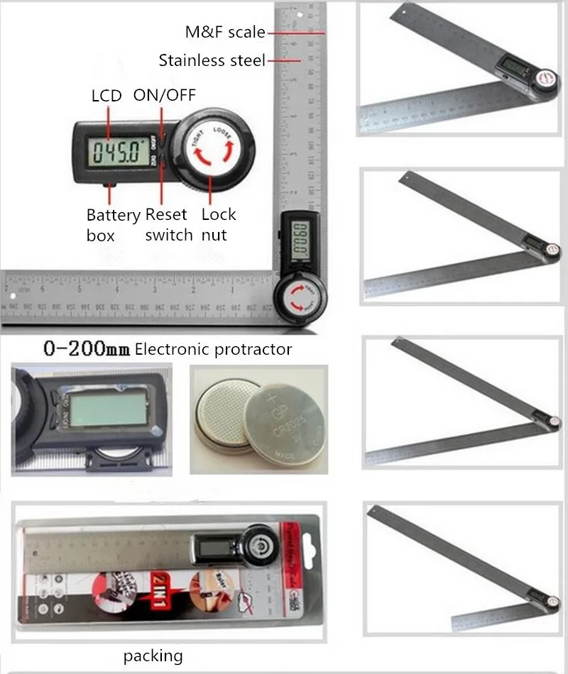 200 мм Цифровой угломер и уровень гониометра измерительный Столярный инструмент квадратный угловой датчик из нержавеющей стали угловая линейка