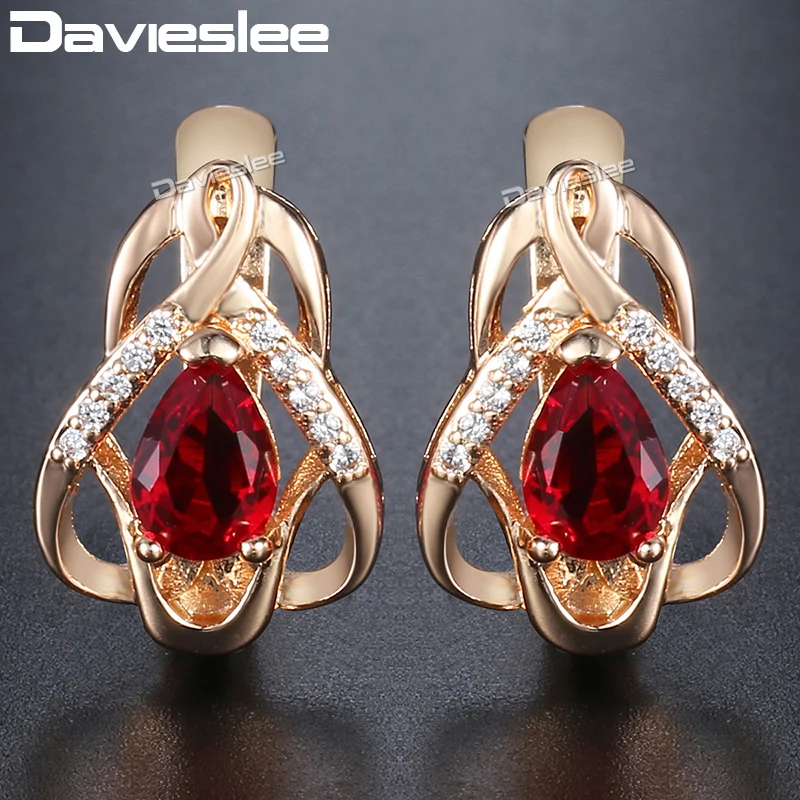 

Davieslee Stud Earrings For Women Hear Love Red CZ 585 Rose Gold Filled Paved Clear Cubic Zirconia Womens Earring Fashion DGE99