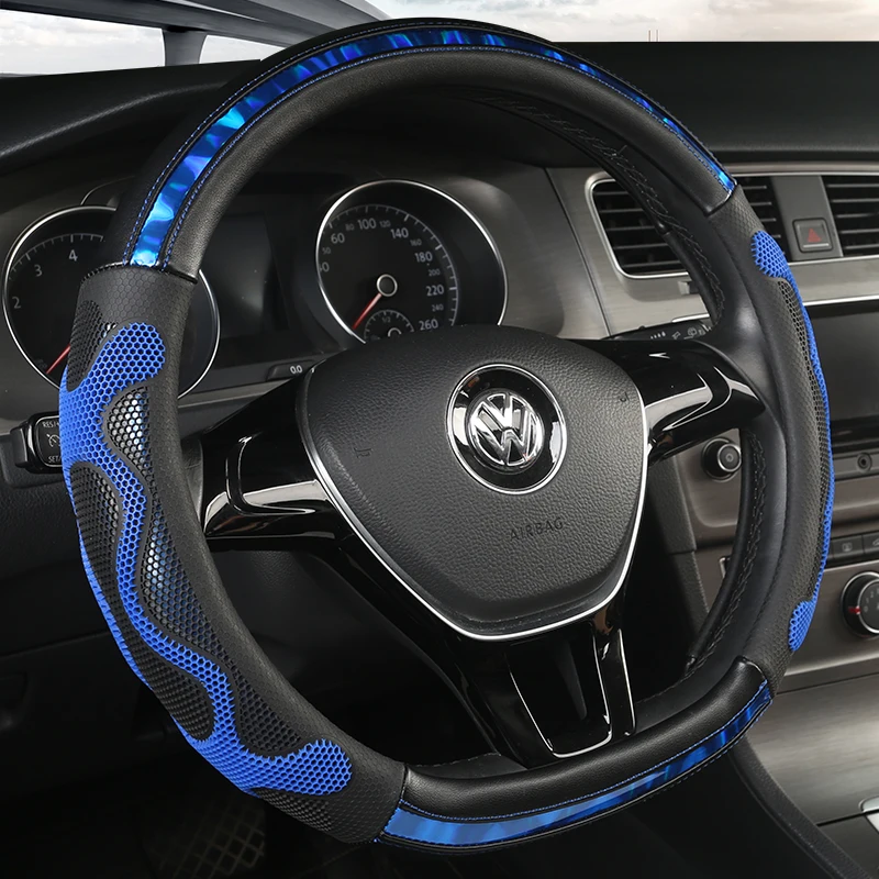 

KKYSYELVA D Shape Leather Car Steering Wheel Cover Four Seasons Steering Wheel Hubs ForInterior Accessories
