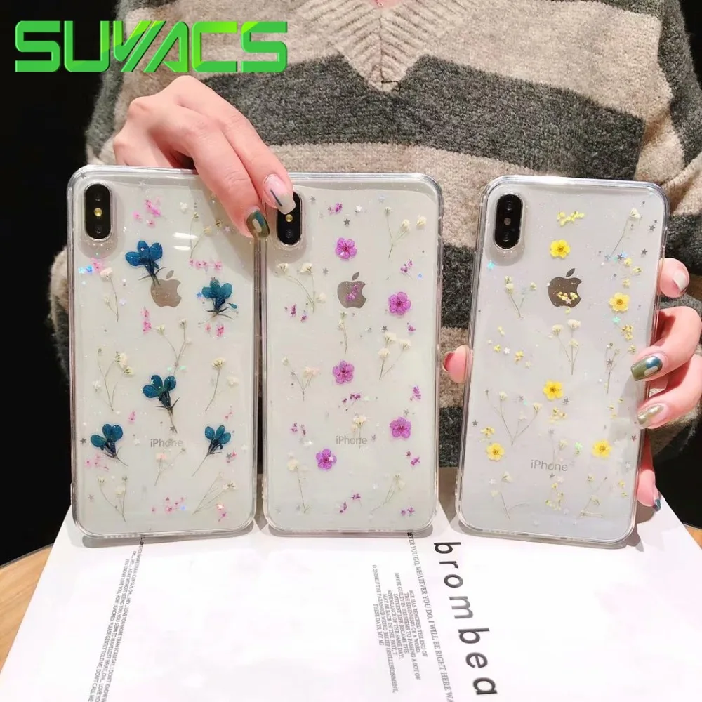 

SUYACS Real Dried Flowers Transparent Case For iPhone XS Max XR X 6 6S 7 8 Plus Full Body Soft TPU Phone Back Cover Conque Gift