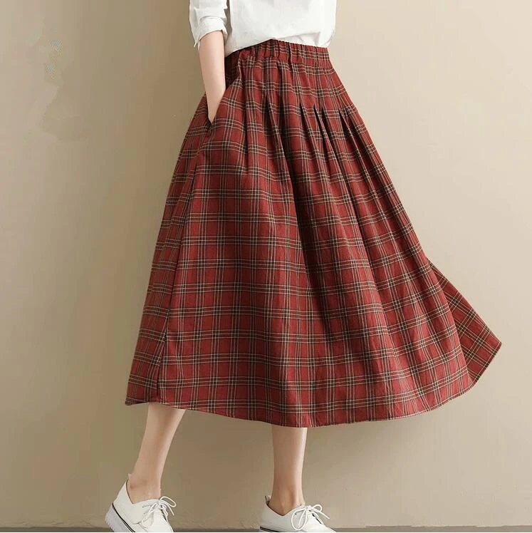 Весенне-осенняя винтажная клетчатая юбка средней длины из хлопка и льна для школьниц