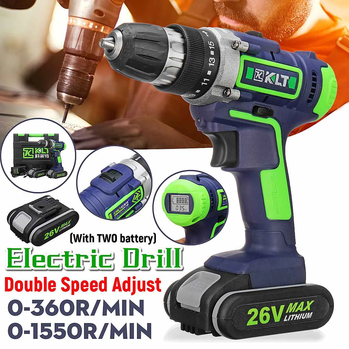 

New 26V Impact Drill Electric Cordless Hand Drill LCD Display With Battery Hammer Drill Electric Screwdriver Home Diy Power Tool