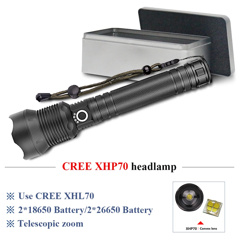 

xhp70 Camping Powerful led flashlight 26650 or 18650 cree xhp70 zoom torch flashlight usb Rechargeable lampe torche waterproof
