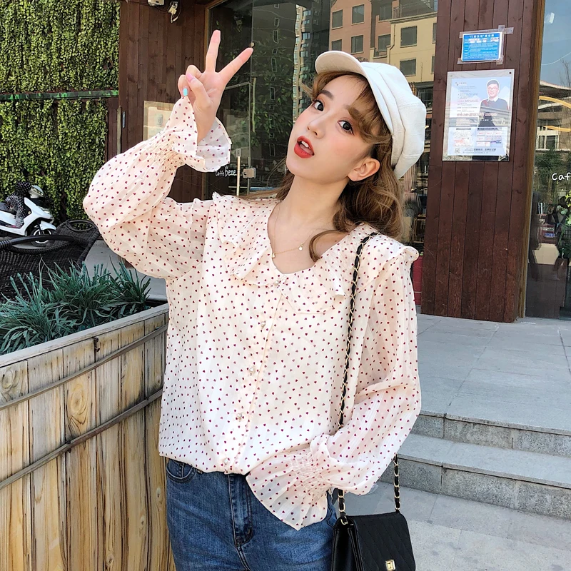 

Summer Women's New Korean Fresh Sweet Polka Dot Peter Pan Collar Chiffon Shirt Princess Sweet Lolita Shirt