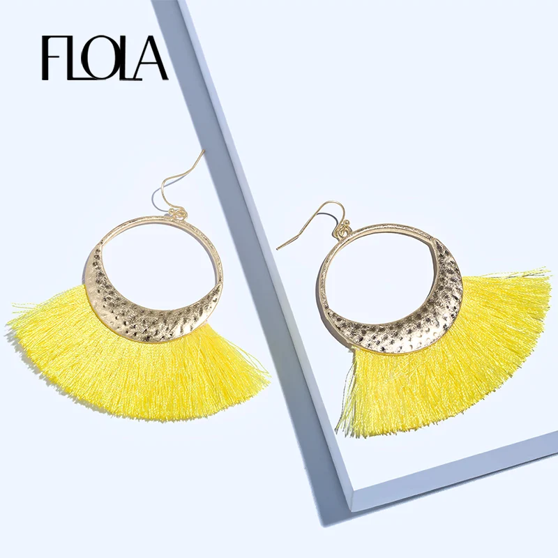 

FLOLA 7Colors Summer Big Round Circle Yellow Tassel Earrings Femme Boho Beach Jewelry Drop Valentine's Boucles doreilles ersk64