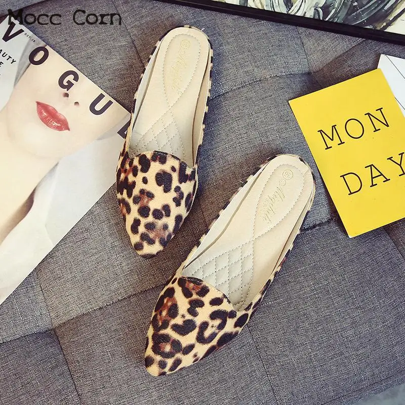 

Summer Pointed Toe Flat Shoes Woman Slip On Half Slippers Suede Leopard Loafers Mules Flip Flops Plus Size 34-43 Zapatos Mujer