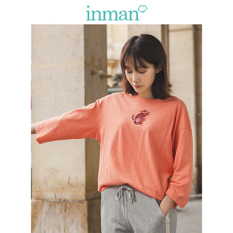 

INMAN 2019 Autumn New Arrival O-neck Three Quarter Sleeve Cute Cat Embroidery Casual Cotton Women T-shirt