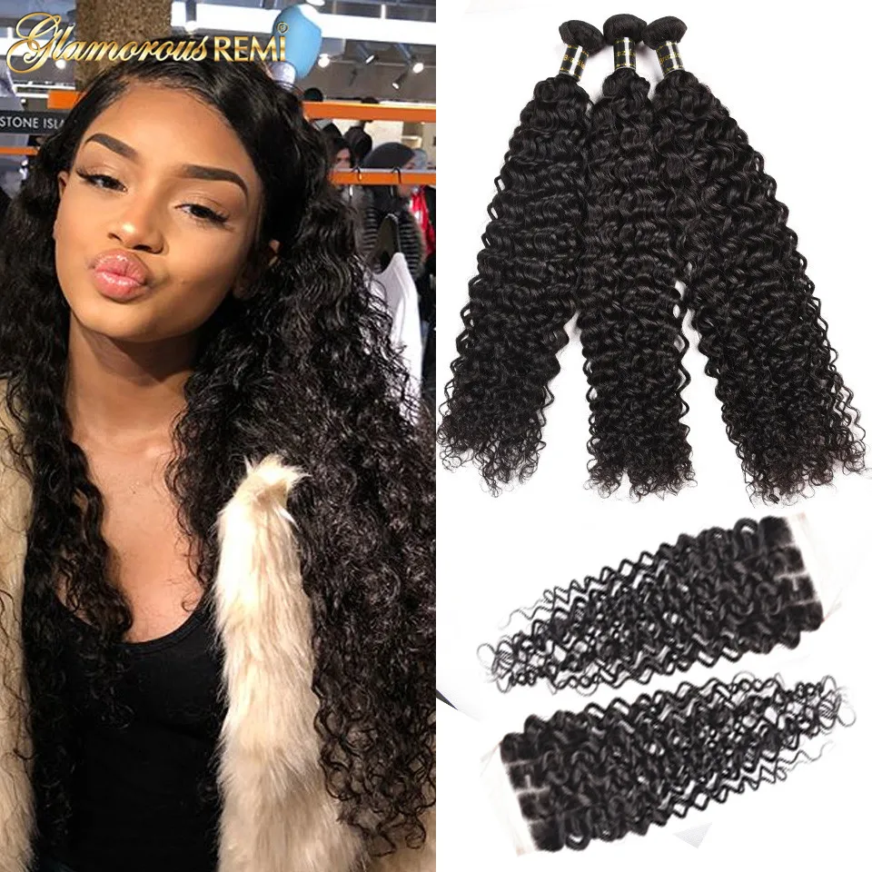 Glamorousremi Бразильский вьющихся волос плетение 3bundles с закрытием кружева 100%