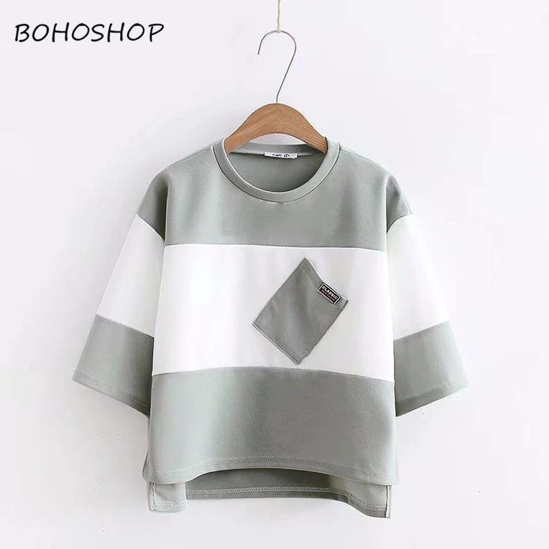 

summer female short sleeved T-shirt harajuku kawaii loose crop tops stripes t-shirts for female