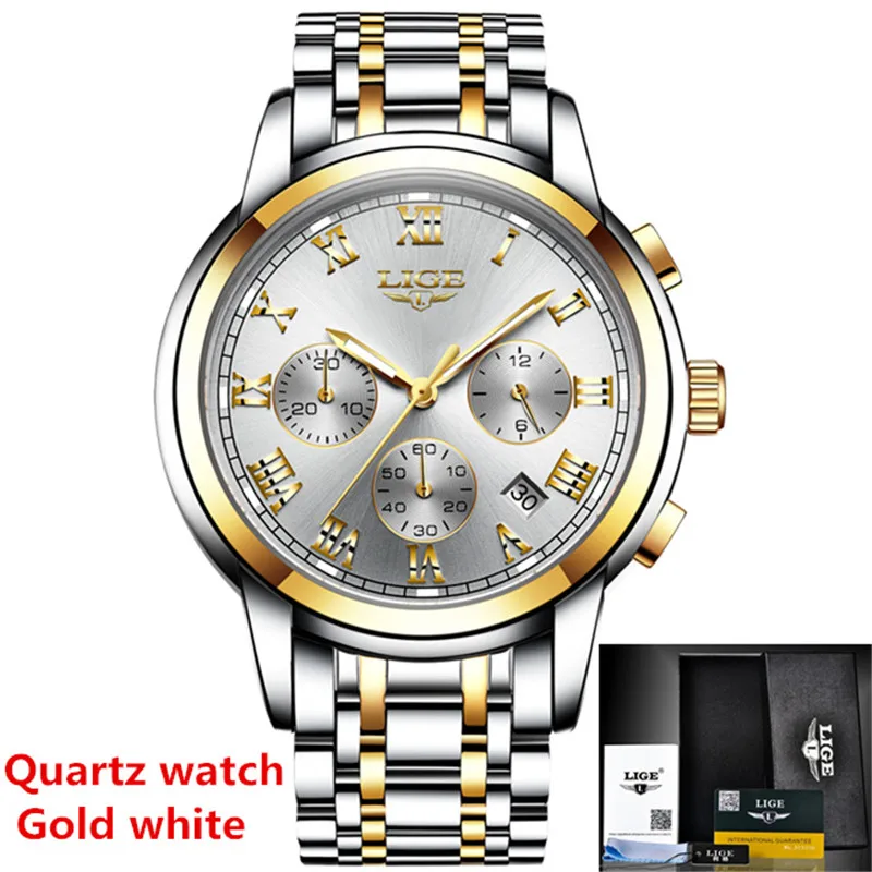 LIGE мужские часы модный топ бренд класса люкс Бизнес водонепроницаемые автоматические механические часы мужские полностью стальные военные часы Relogio - Цвет: S Gold White