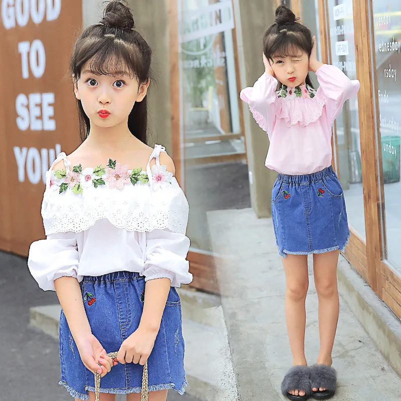 

Toddler Girls Spring Clothing Sets Outerwear Suit For Teenage Girls Clothes Outfits Kids White Lace Blouses Shirts + Denim Skirt