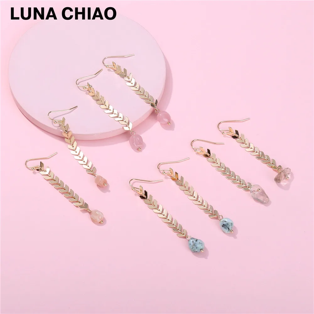 LUNA CHIAO позолоченная Купер цепочка шеврона Натуральный Камень Висячие длинные серьги для женщин