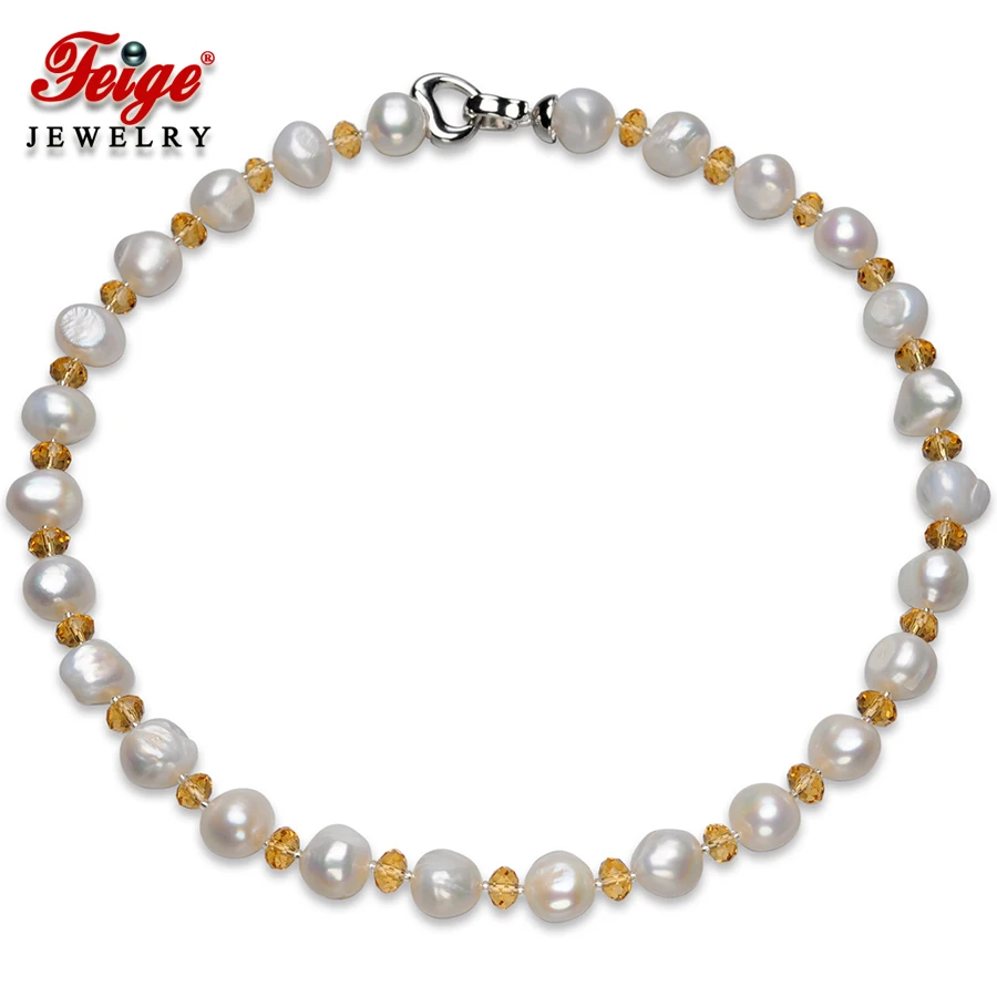 

Feige Baroque Style 10-11mm White Natural Freshwater Pearl Choker Necklaces for Women's Yellow Crystal Colar Real Pearl Jewelry