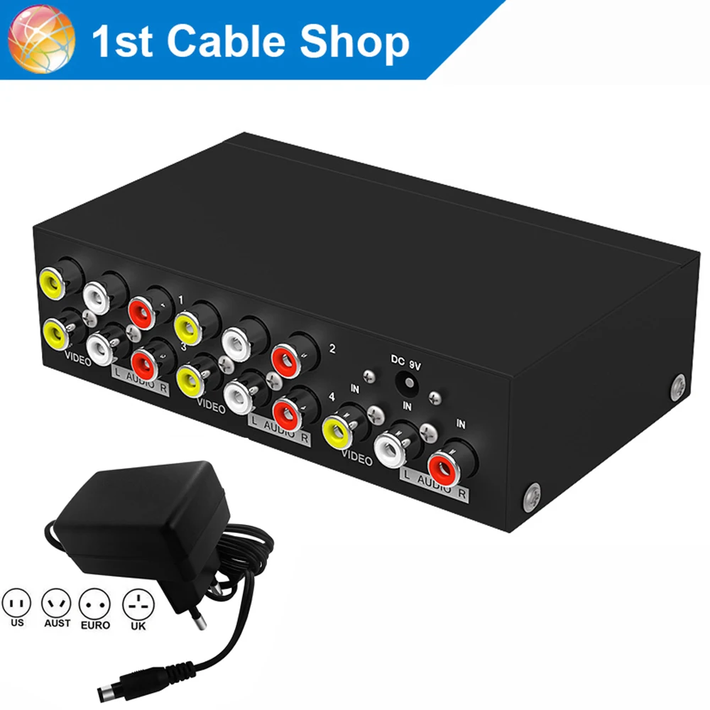 

4-port RCA audio video AV splitter distributor 1 input to 4 output with power adapter
