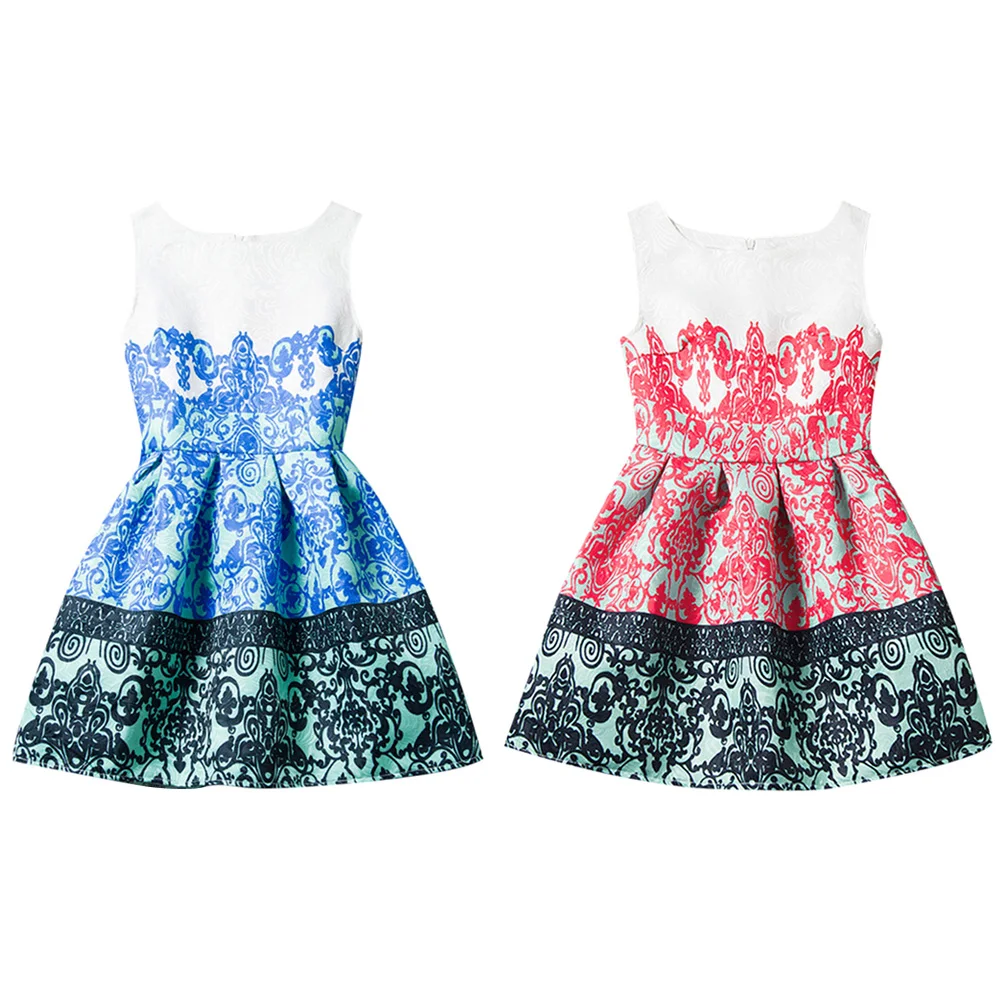 

2017 Summer Big Girls Print Floral Dress Sleeveless Retro Printed Princess Kids Dresses girls summer Dress baby girl clothes