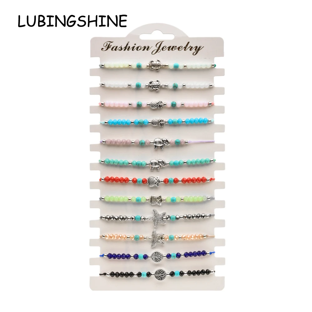

LUBINGSHINE 12pcs/Sets Tree of life Owl Elephant Beaded Bracelets&Bangles for Women Adjustable Charms Wristband Wedding Jewelry