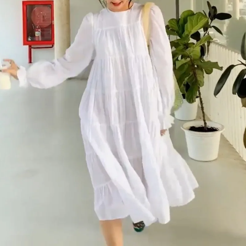 

TVVOVVIN 2019 New Spring Fashion Women Clothing Round Neck Lantern Sleeves Pleated Chiffon Japan Styles Girl's Dress C085