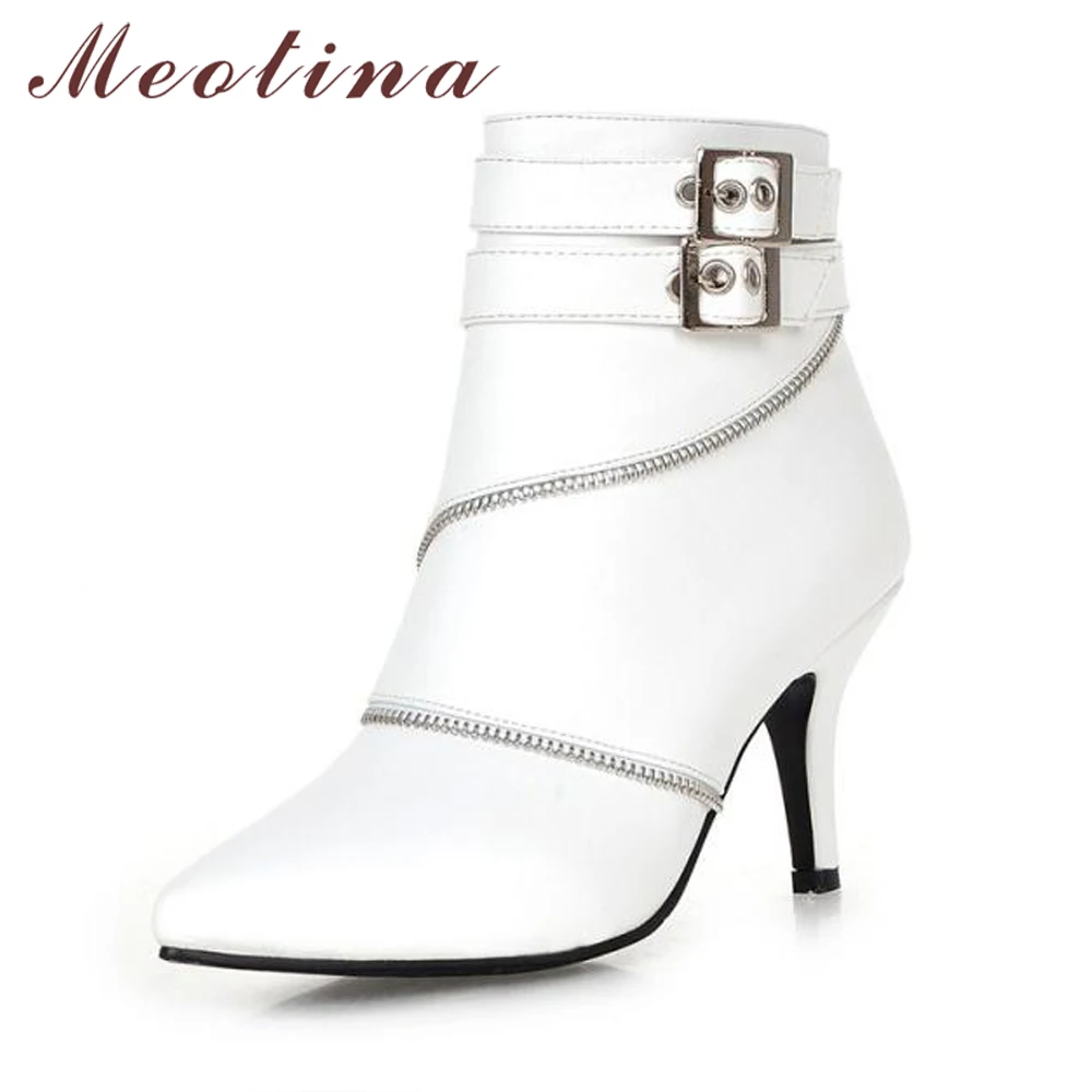 Meotina Women Ankle Boots Pointed Toe Buckle High Heel Boots Sexy Ladies Winter Boots Apricot