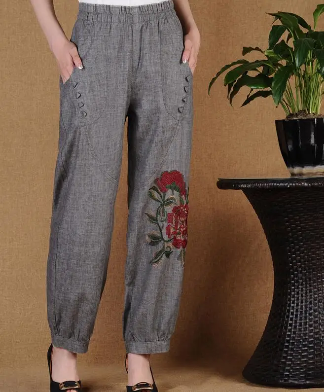 

L-6XL Hot 2019 Spring Women New Fashion embroidered linen trousers elderly leisure elastic waist loose pants