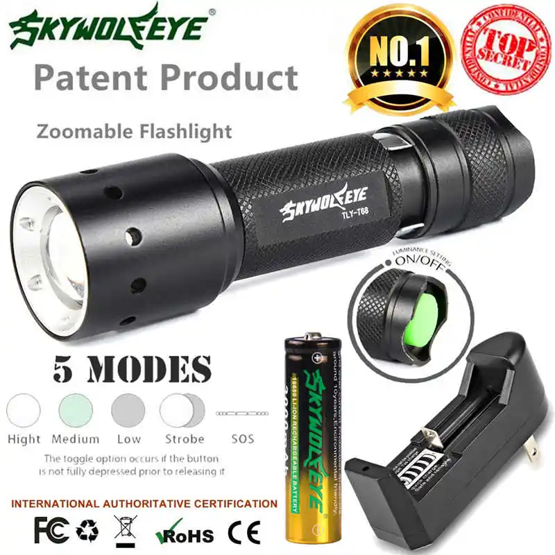 Tactical Zoomable 5-Mode XMLT6 LED Flashlight Torch Light+18650 &Charger powerful led flashlight rechargeable #4S4 (11)