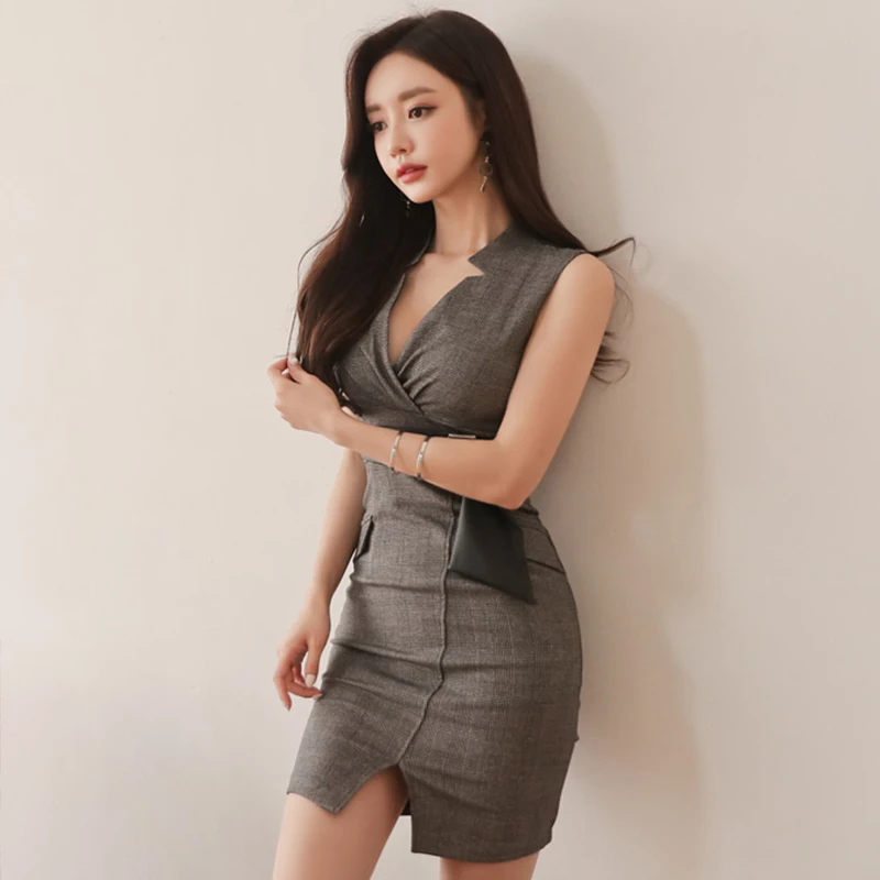 

Pockets Patchwork Sashes V-neck Sleeveless Summer Short Dress Fashion Bodycon Work Business Women Dresses OL vestidos 2018