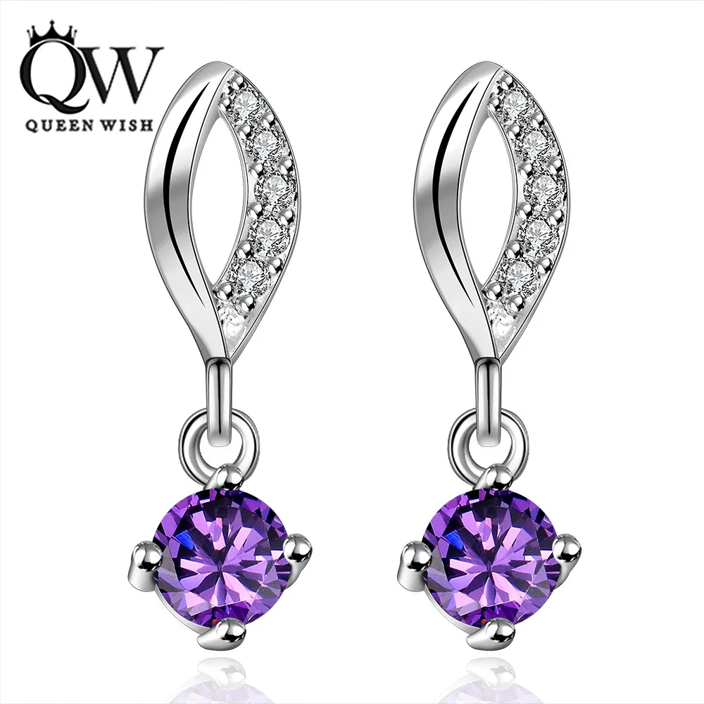New White Gold Silver Plated Round Crown Set Amethyst Purple CZ Stud Earrings for Women Lady